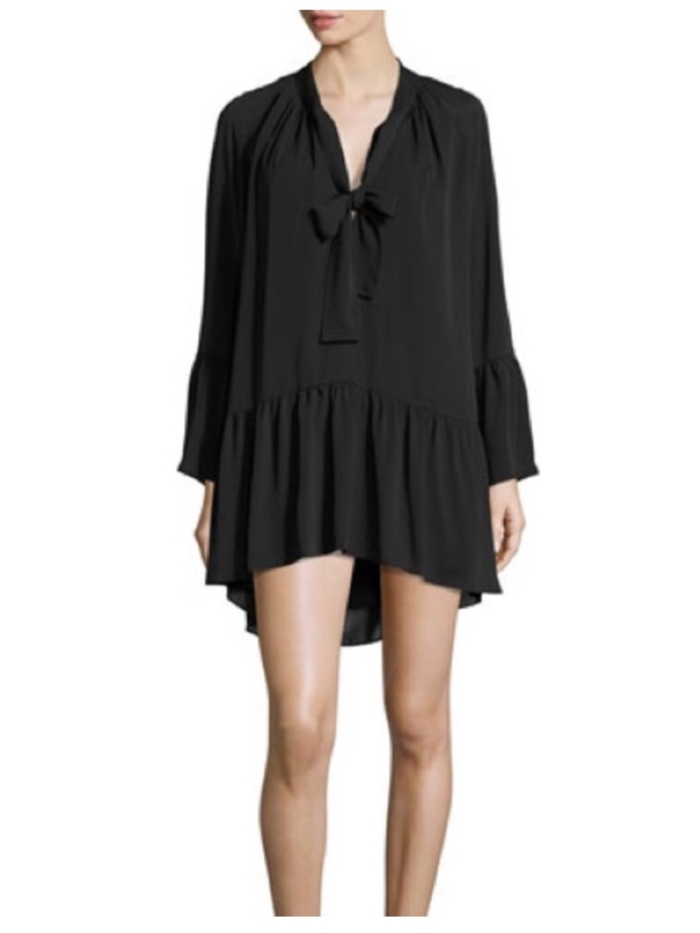 Amanda Uprichard Holland Black Tie-Neck Ruffle Hem Trapeze Babydoll Dress